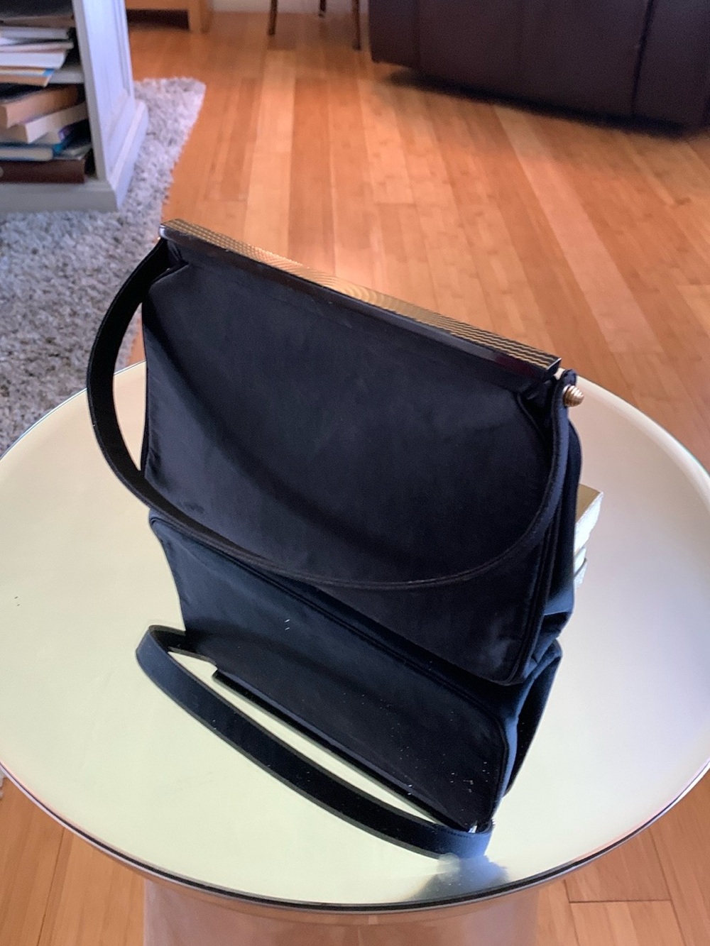 Vintage Classic Black Small Evening Bag with Polished Gold Tone Metal Clasp
